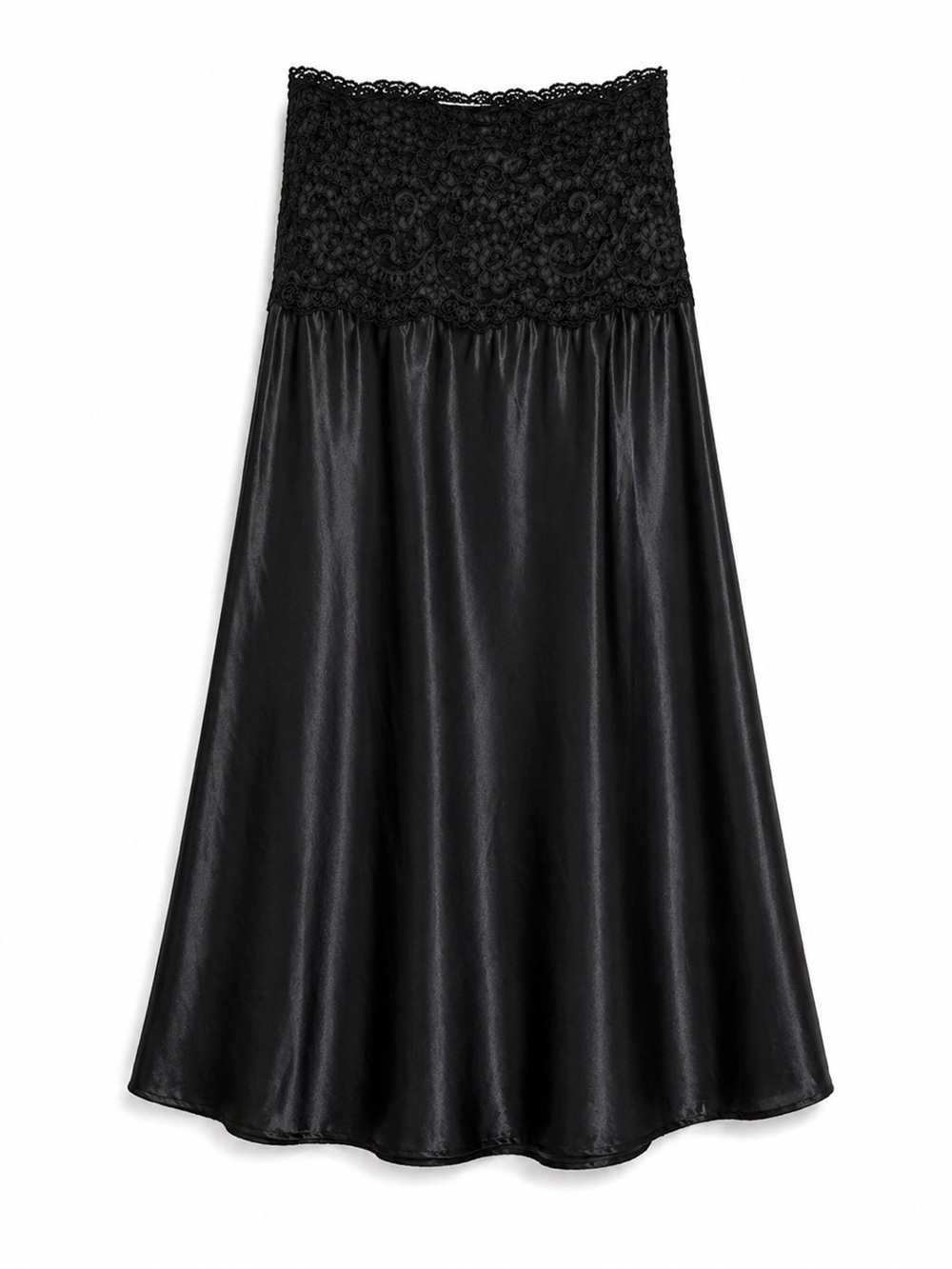 Vintage Black Lace-Waist Satin Maxi Skirt
